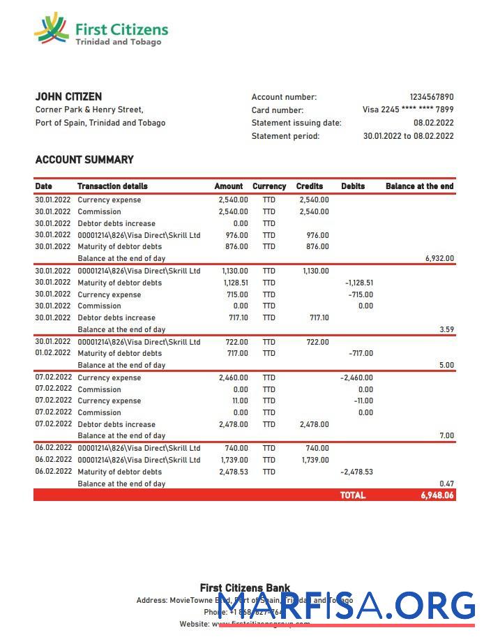 Printable Trinidad and Tobago First Citizens bank statement excel example